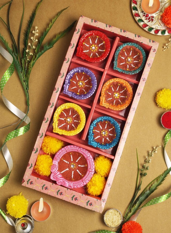 TrendBell TRBD7-05 Handmade Multicolor Clay Diya Set of 7 for Navratri & Diwali Decorations Tea Light Holder Indian Festival Decor - Image 2